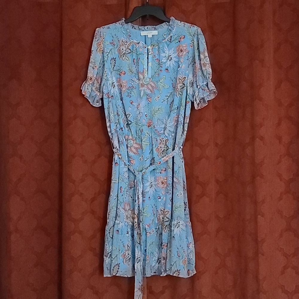 Ann Taylor LOFT Sz.L Floral Ruffled Neck Dress